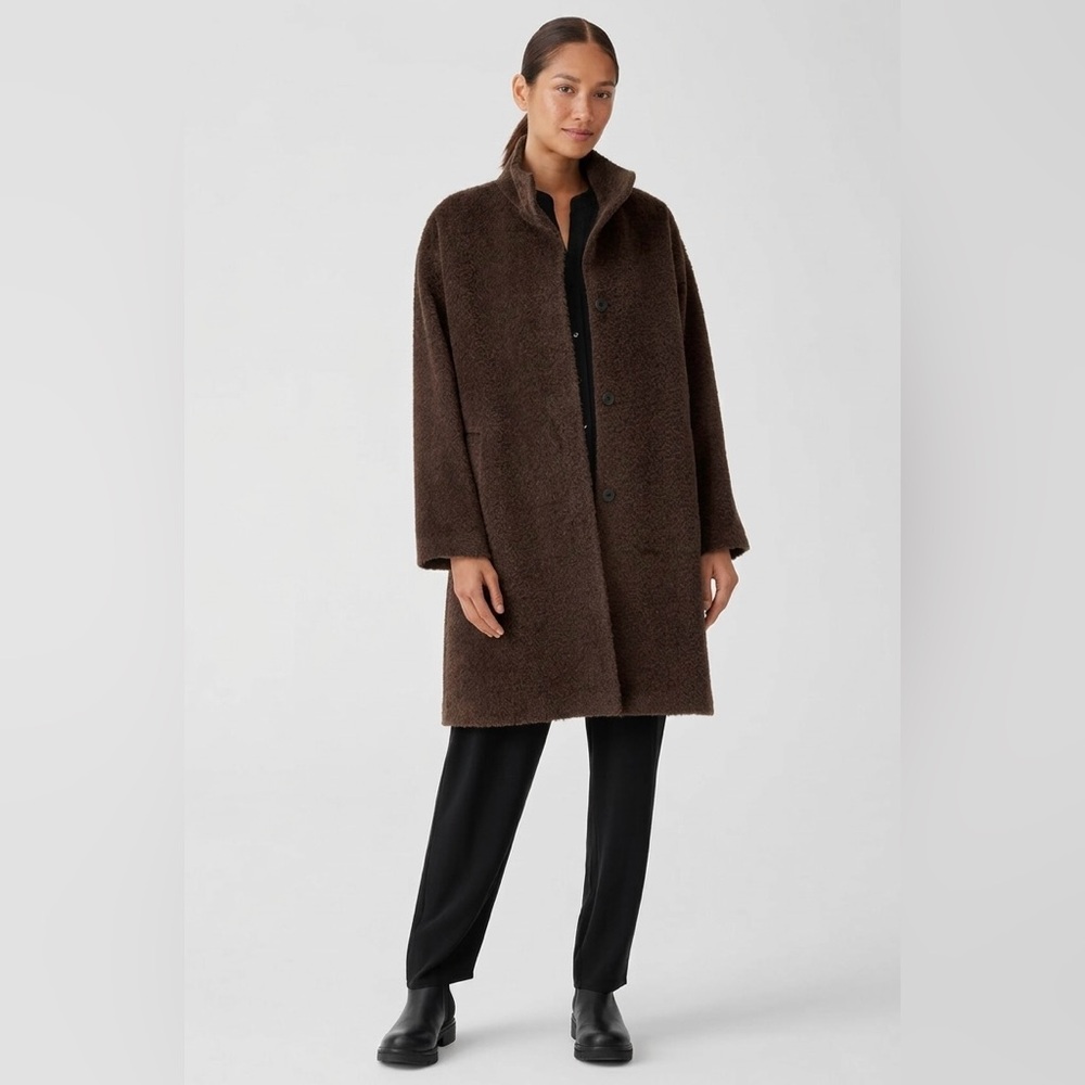 Eileen Fisher Sheared Suri Alpaca Stand Collar Coat — M